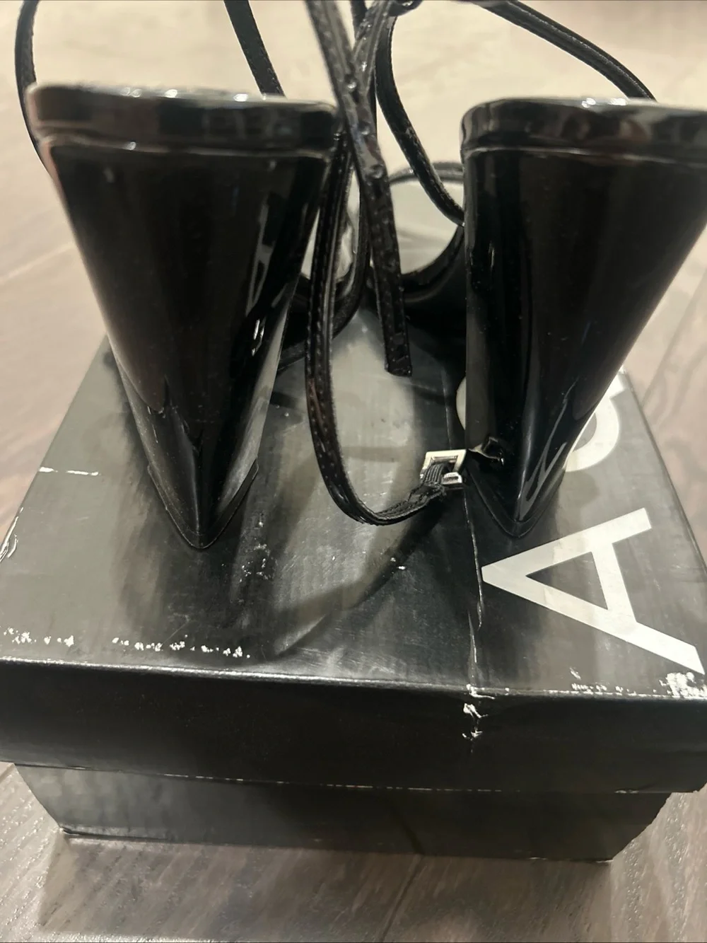 Aqua Winie Black Patent Strap Buckle High Heels Sandals Size 6.5 $128